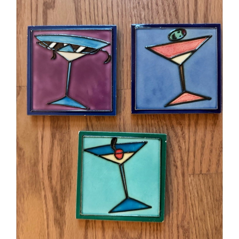 Set of 3 Mid-Century Retro Martini Glass Ceramic Tile Coasters Bar Decor